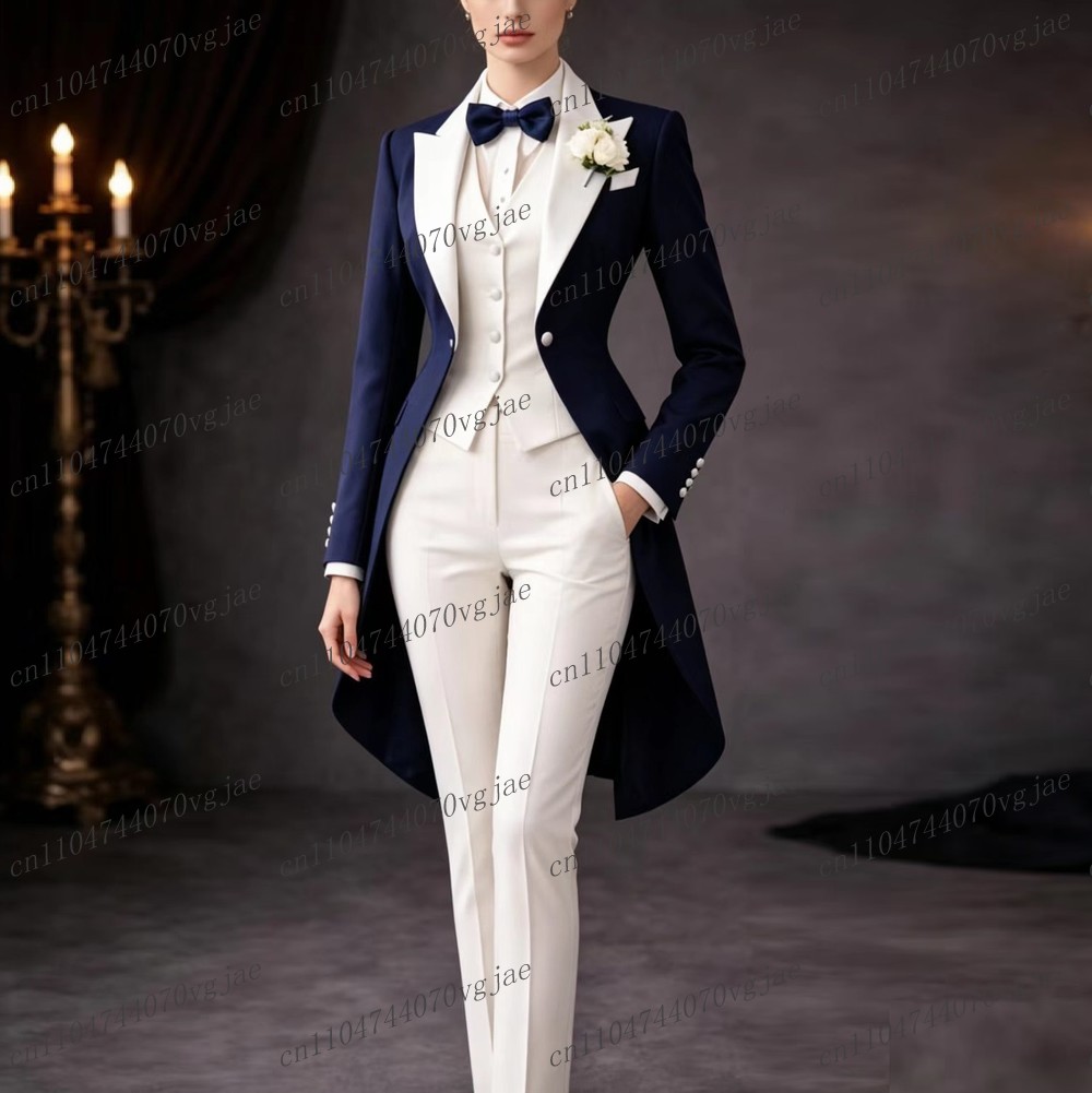 Women Formal Wear Set - Granatowo-biały długi damski garnitur formalny biznesowy