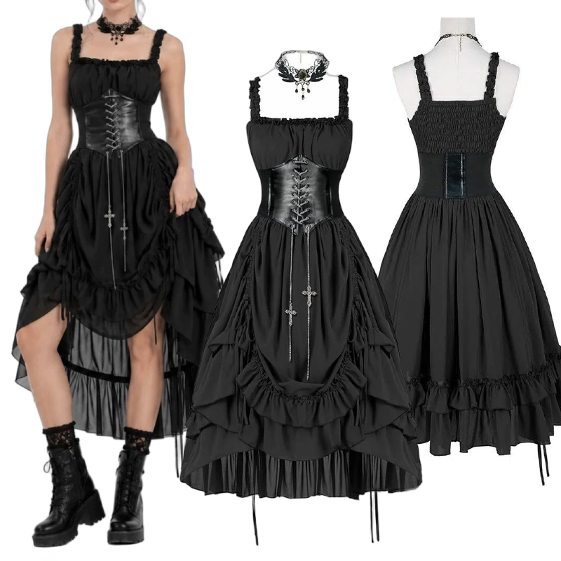Vintage Women'S Formal Wear - Damska Gotycka Sukienka Gorsetowa Czarna Punk